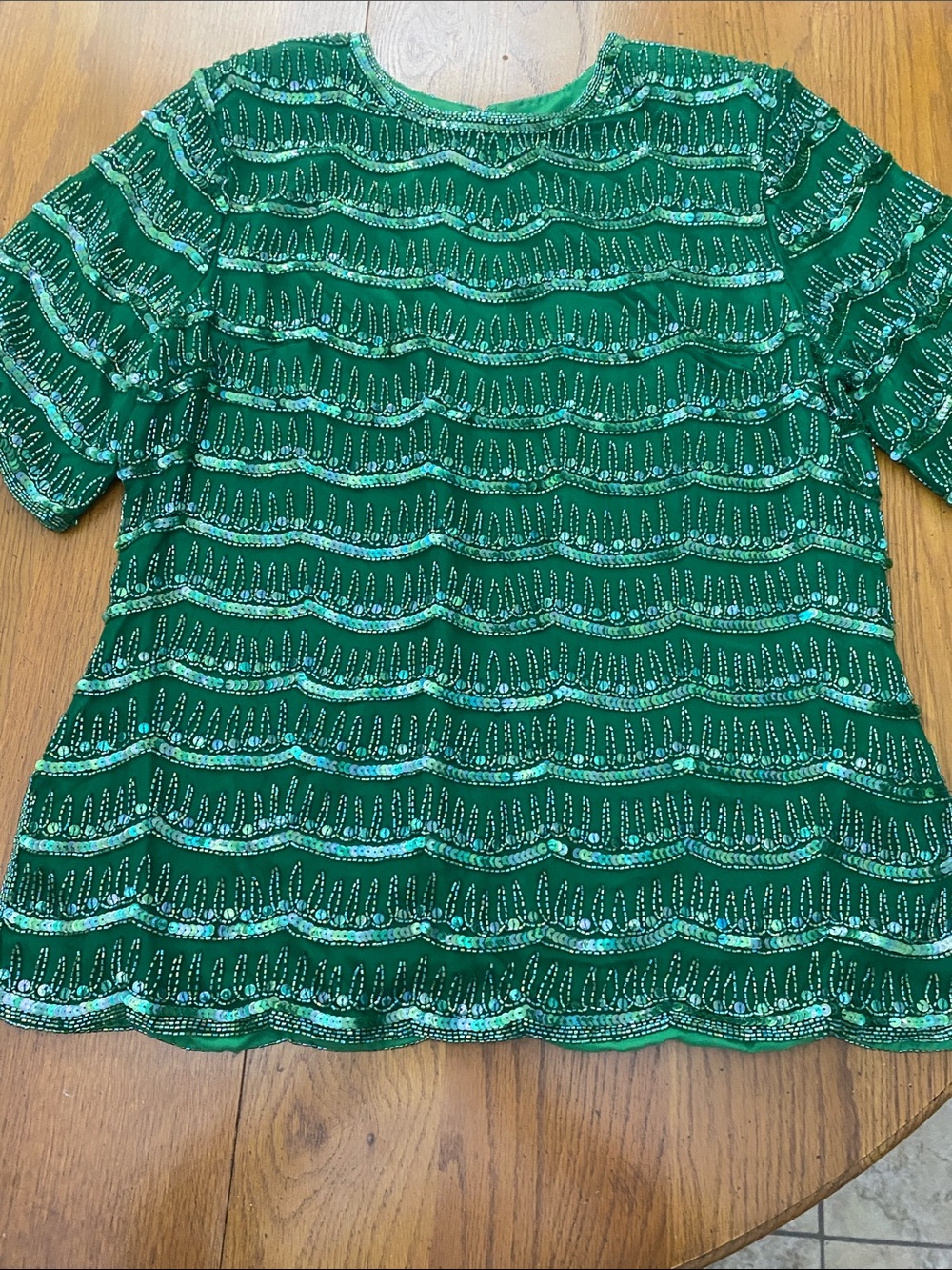 Vintage Green Sequin Short-Sleeve  Silk Top Size XL